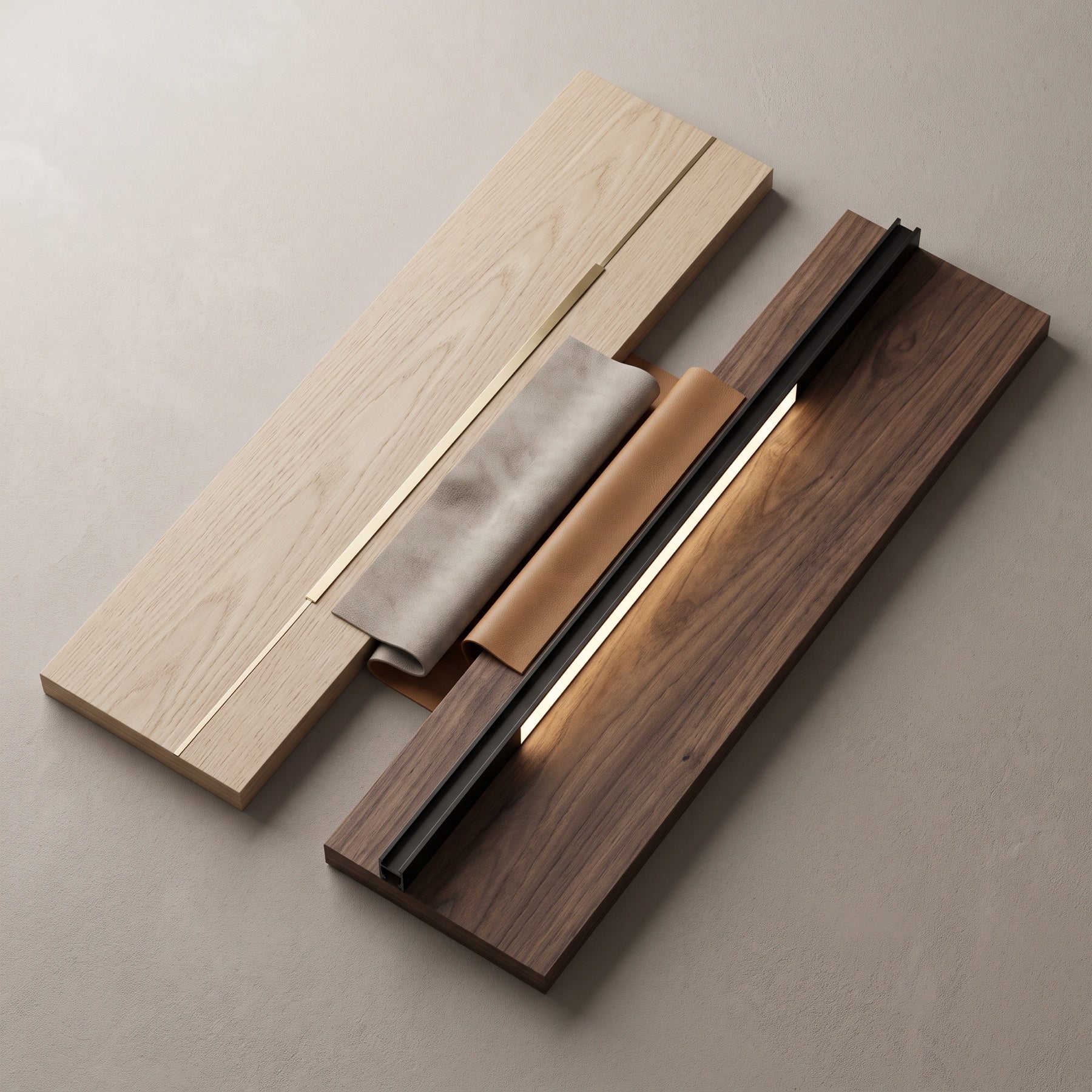White oak and walnut with greige Alcantara, tan leather, brushed brass, black profile and LED material palette