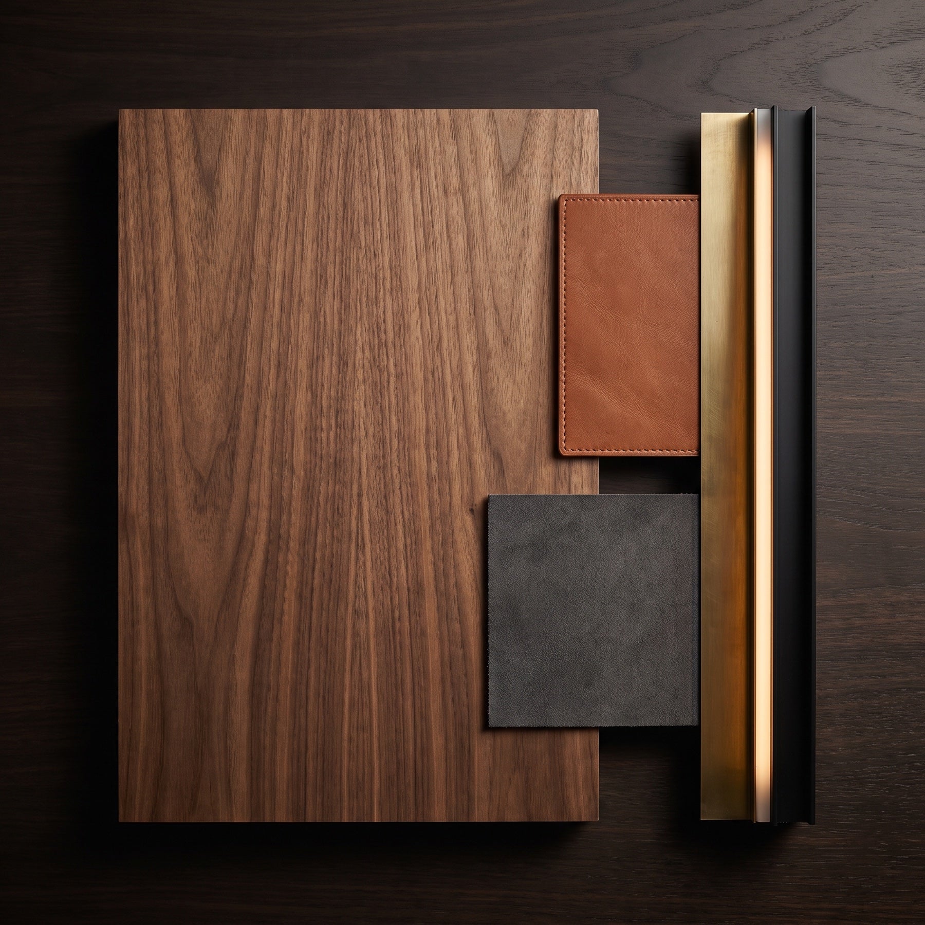 Natural walnut, cognac leather, charcoal Alcantara, aged brass and black profile material palette