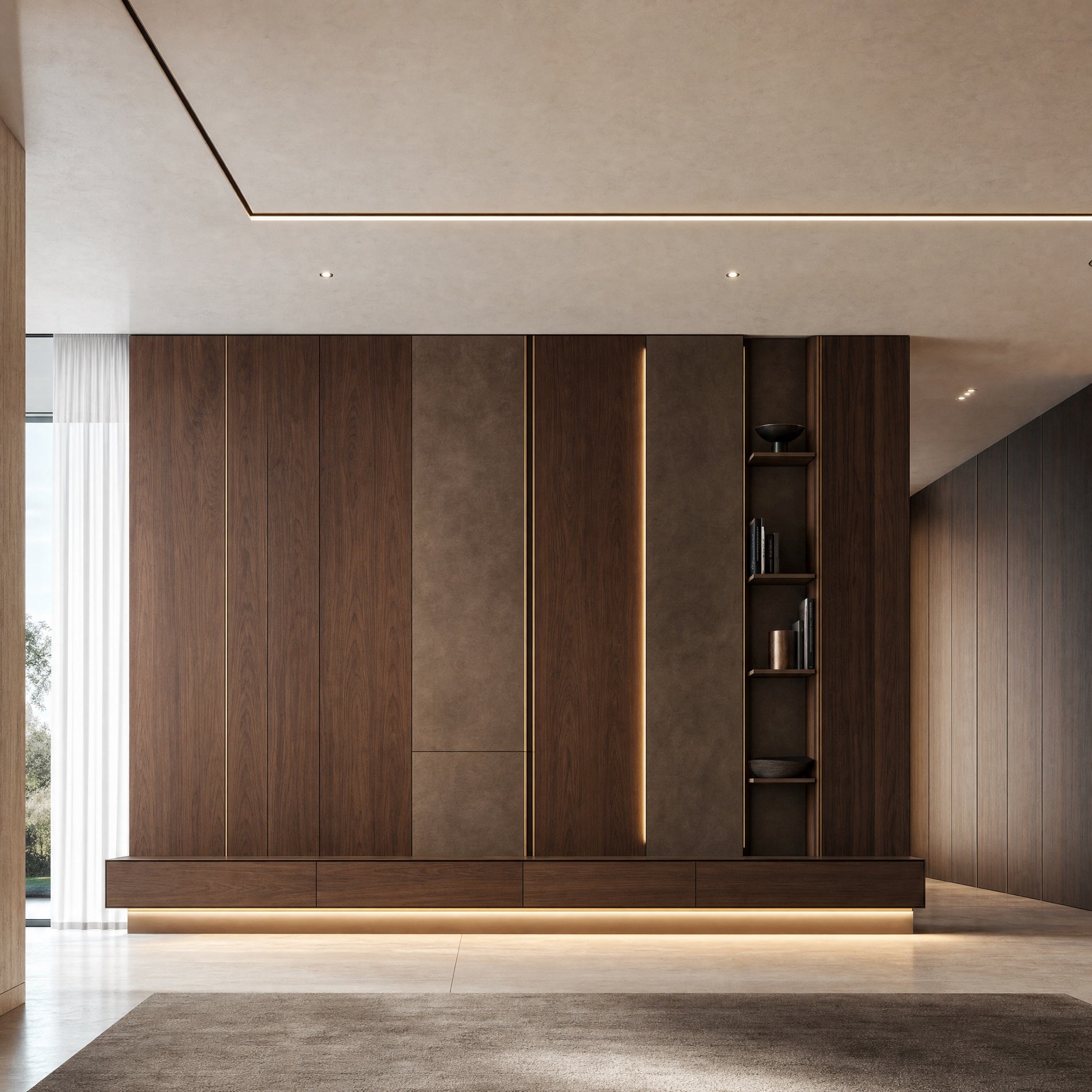 Dark walnut custom wall panel composition with taupe upholstered panels, shelves and integrated lighting