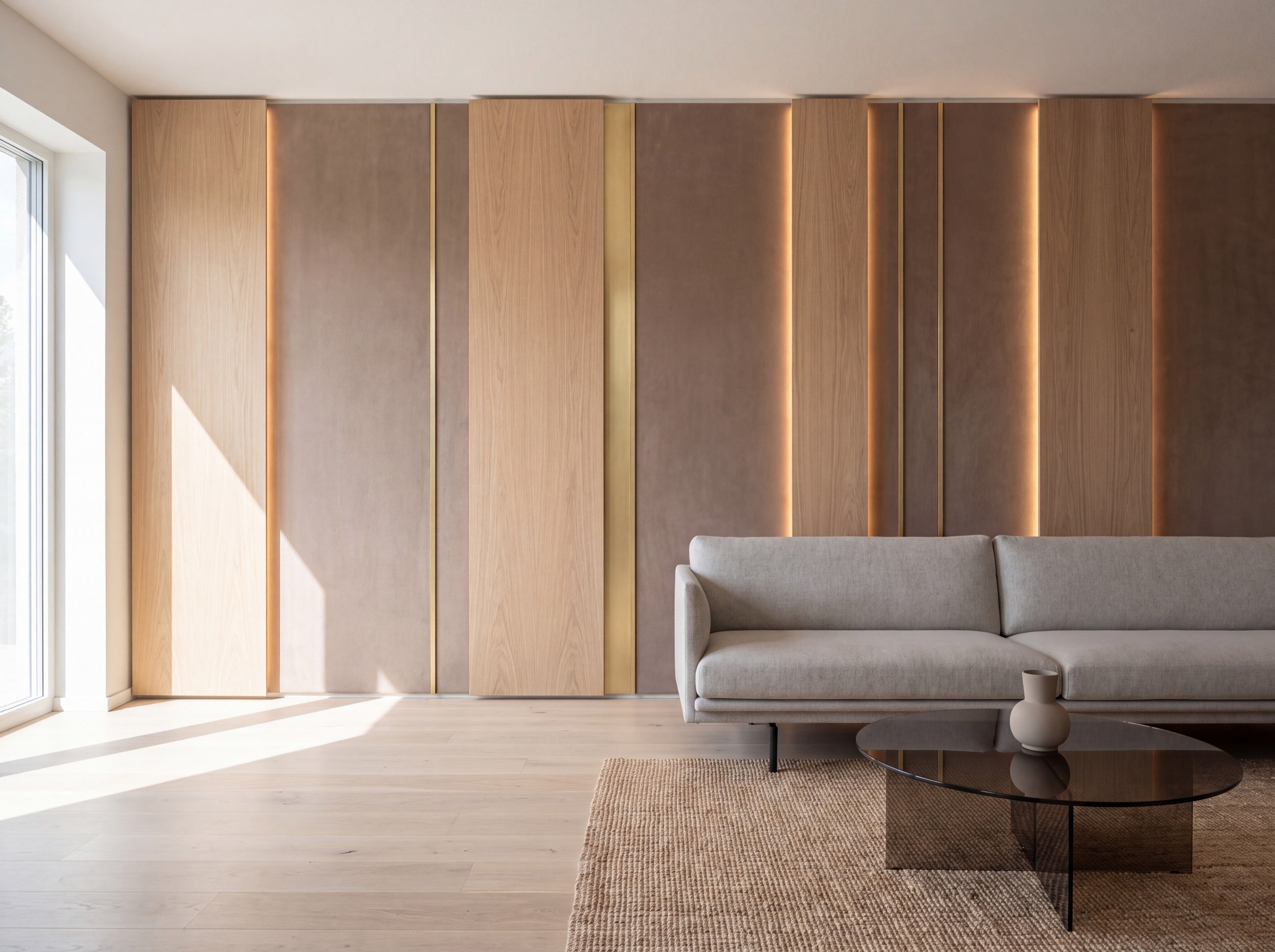 White oak and Alcantara custom wall with brass lines and integrated warm LED lighting