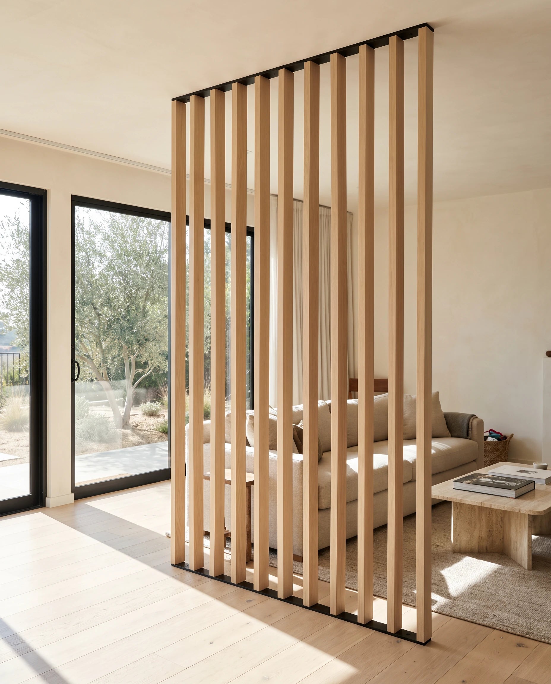 White oak slat room divider between an entry and a light-filled living room