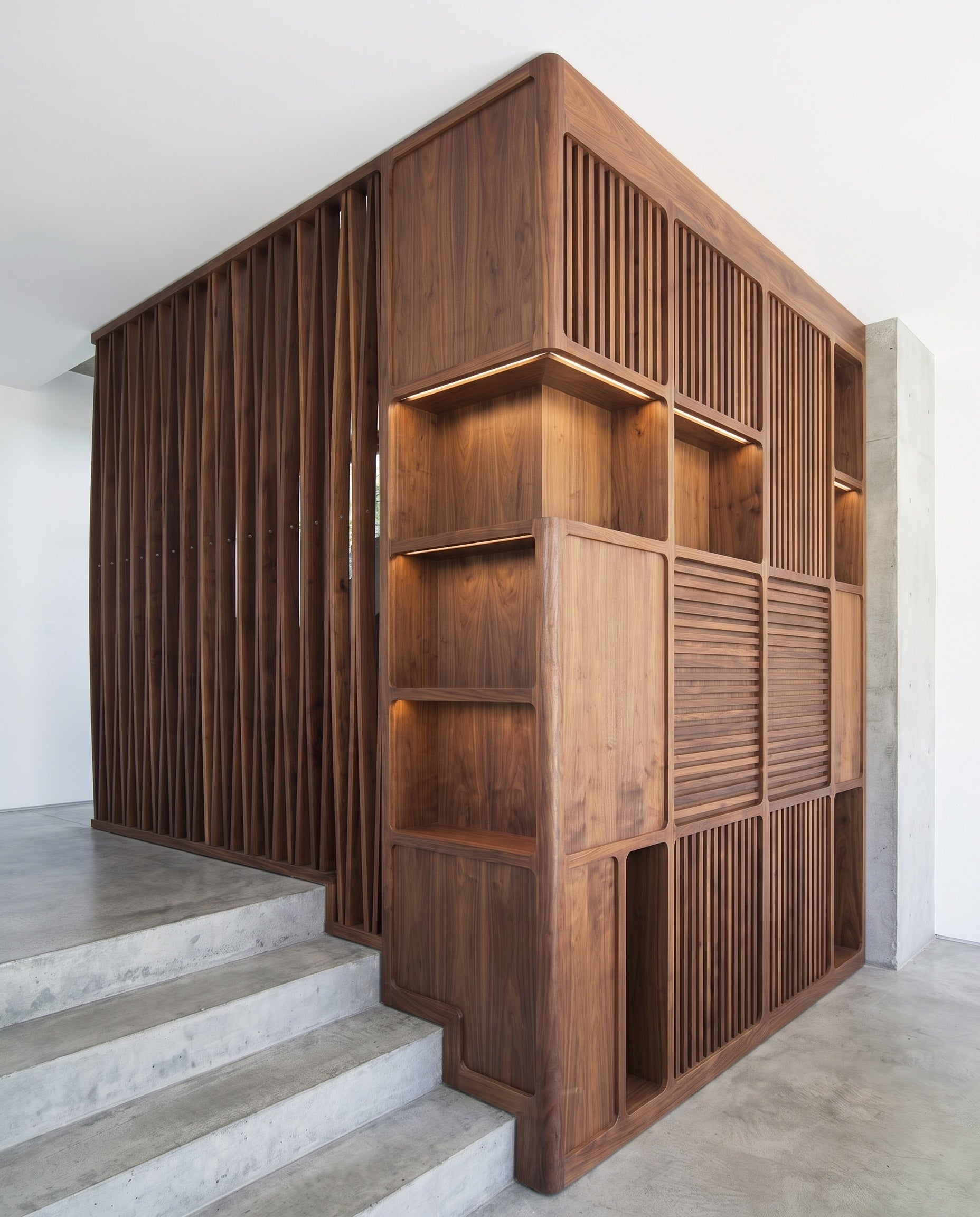 Close construction and material detail of Angled Wood Slat Room Divider