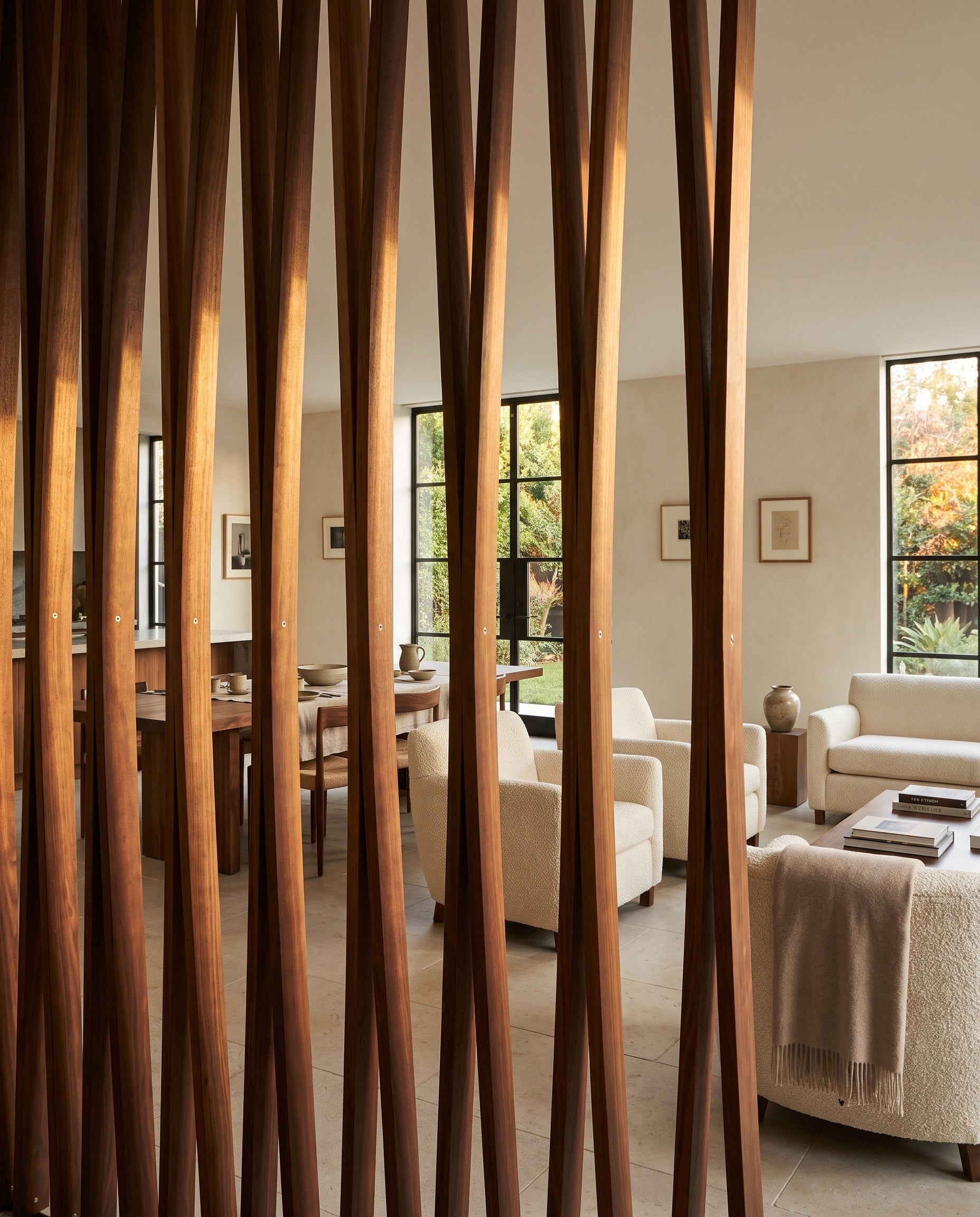 Front elevation showing the complete design and proportions of Angled Wood Slat Room Divider
