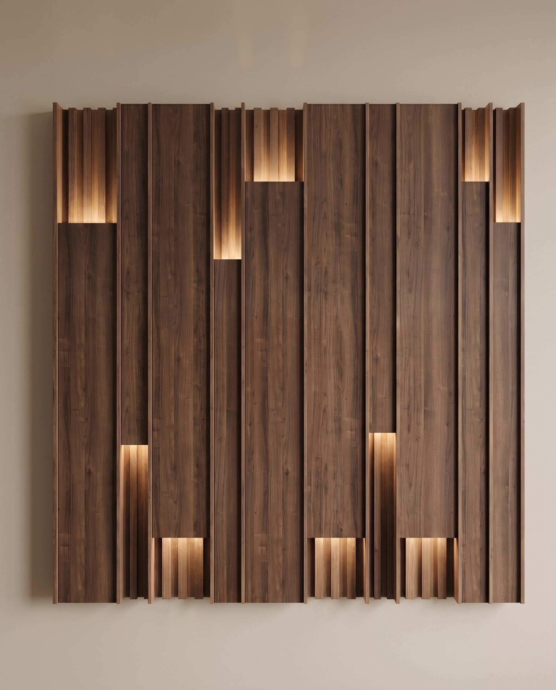 Front elevation showing the complete design and proportions of Layered Slat Panels with Hidden Lighting