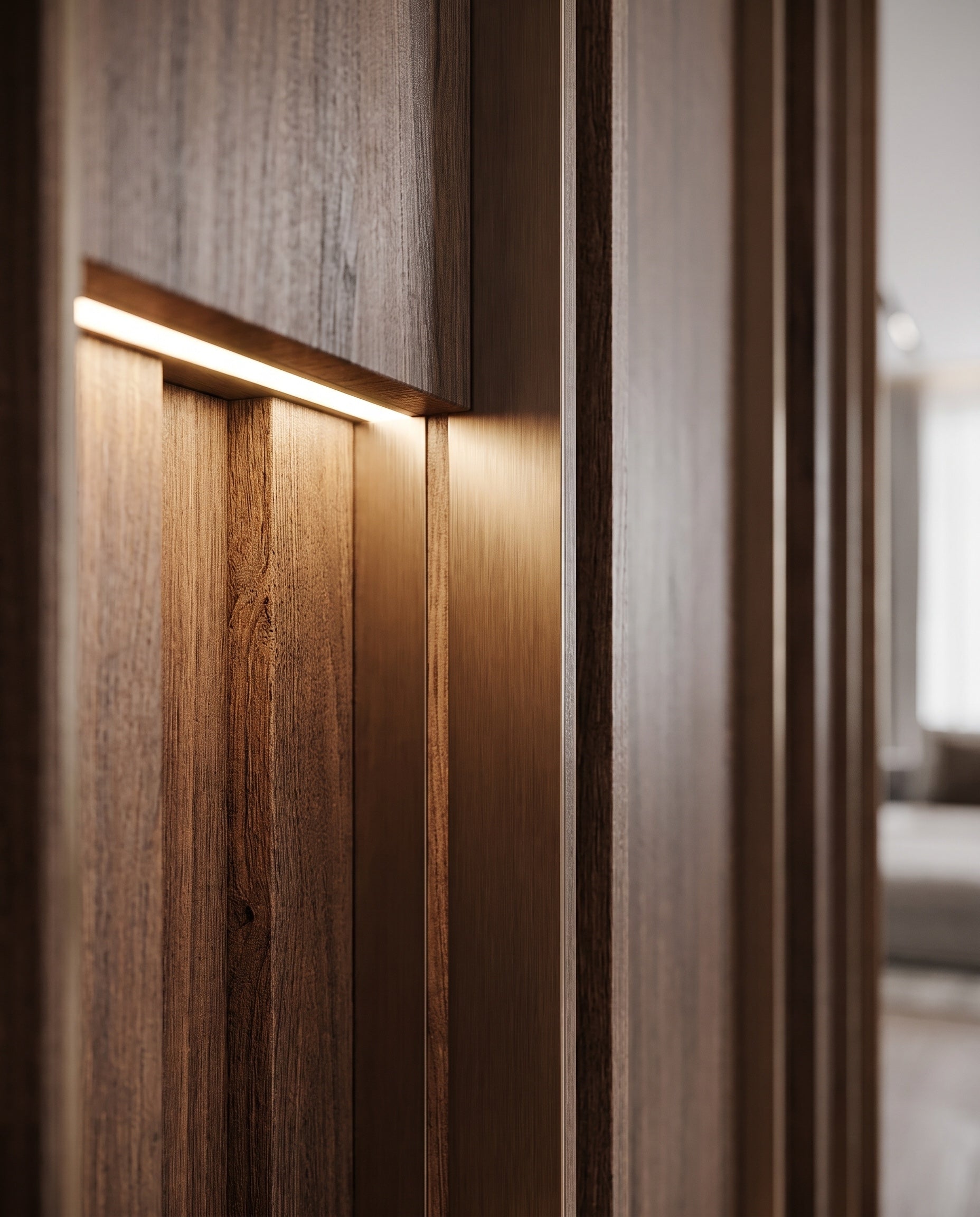 Close construction and material detail of Layered Slat Panels with Hidden Lighting