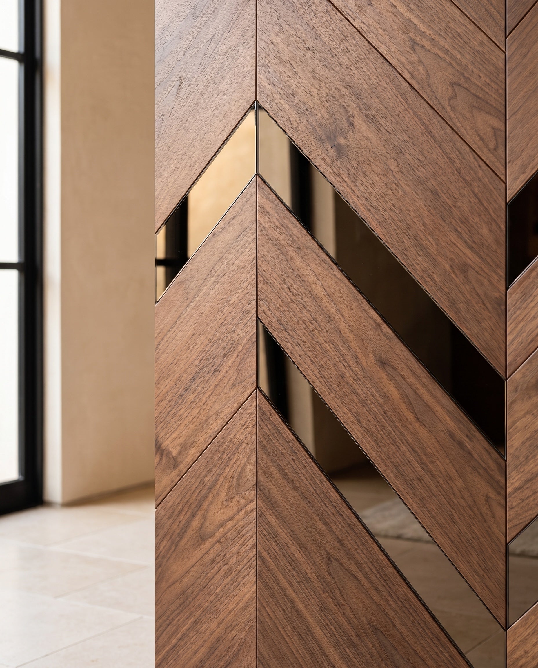 Close construction and material detail of Wood Panels with Mirror Inlay