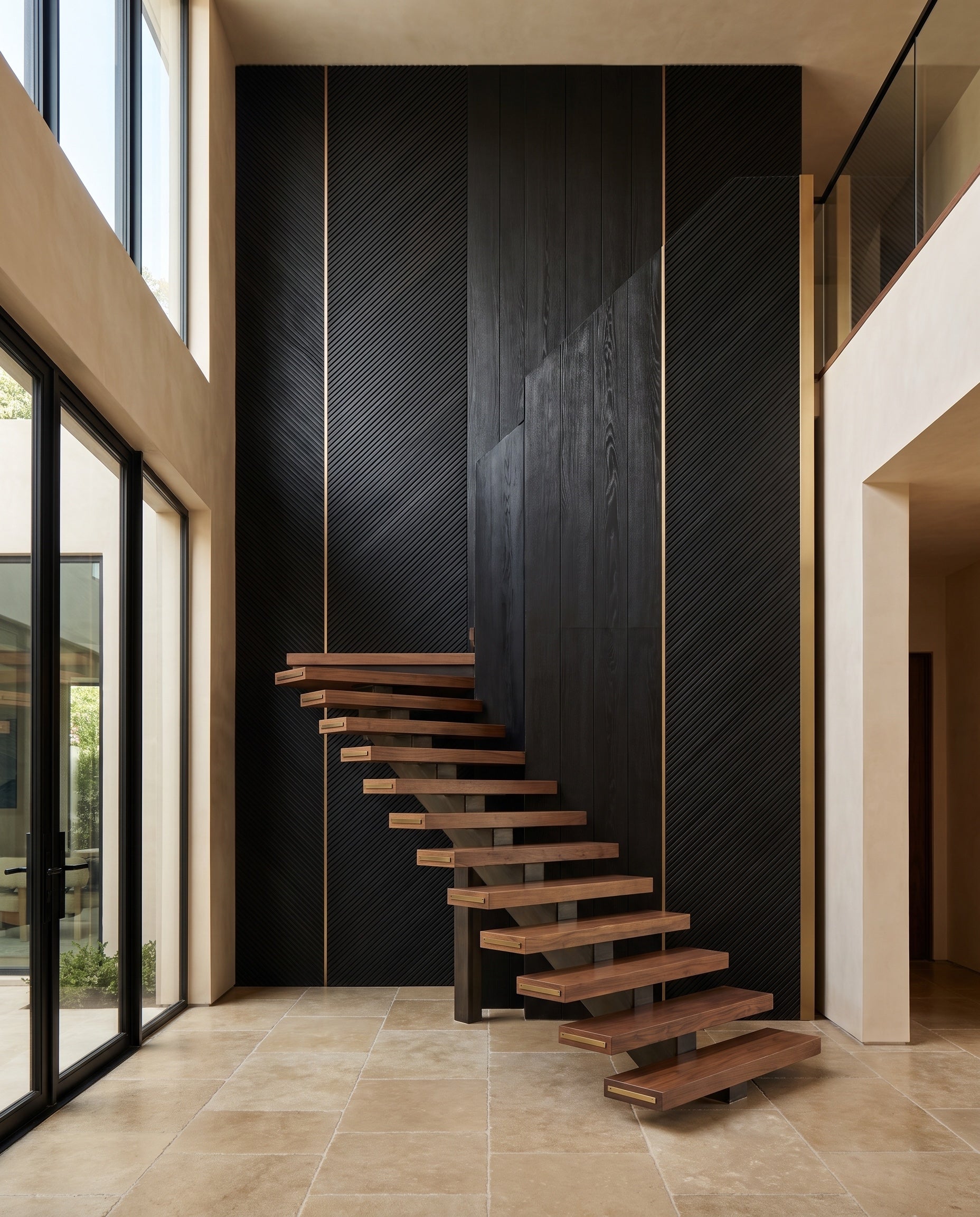 Close construction and material detail of Diagonal Fluted Wood Wall Panels