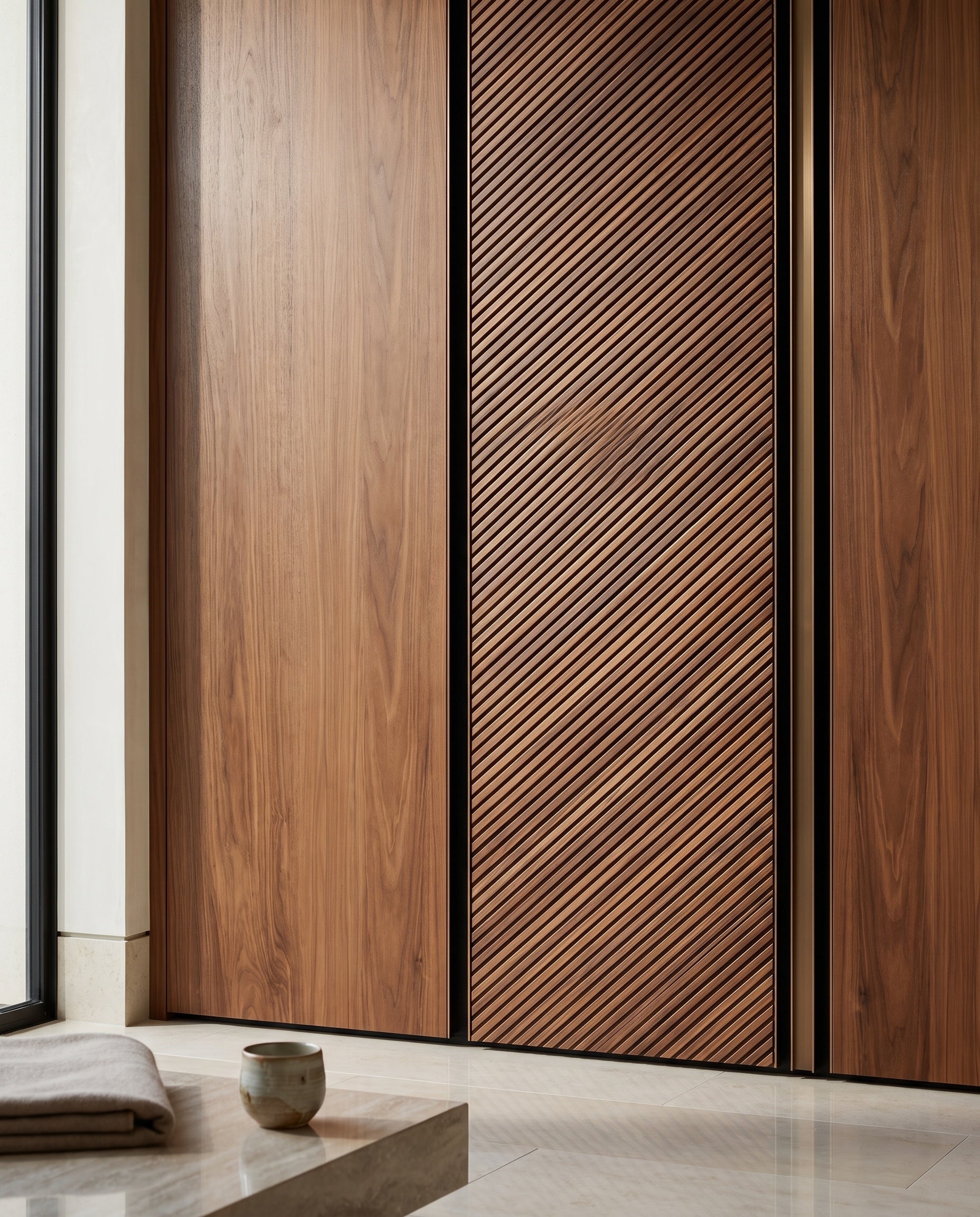 Close construction and material detail of Diagonal Fluted Wood Wall Panels