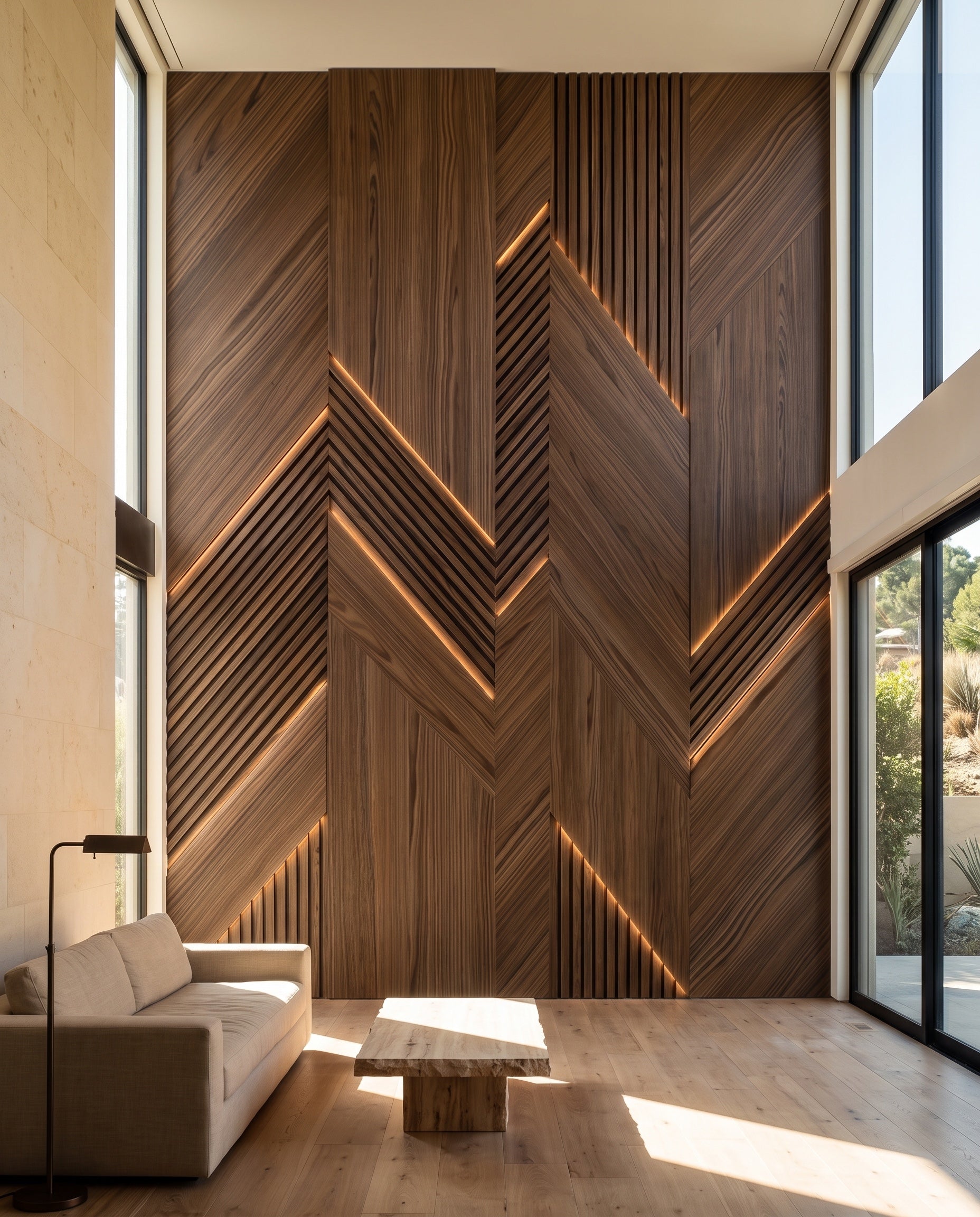 Illuminated Chevron Wood Wall Panels: proposed design in a contemporary interior