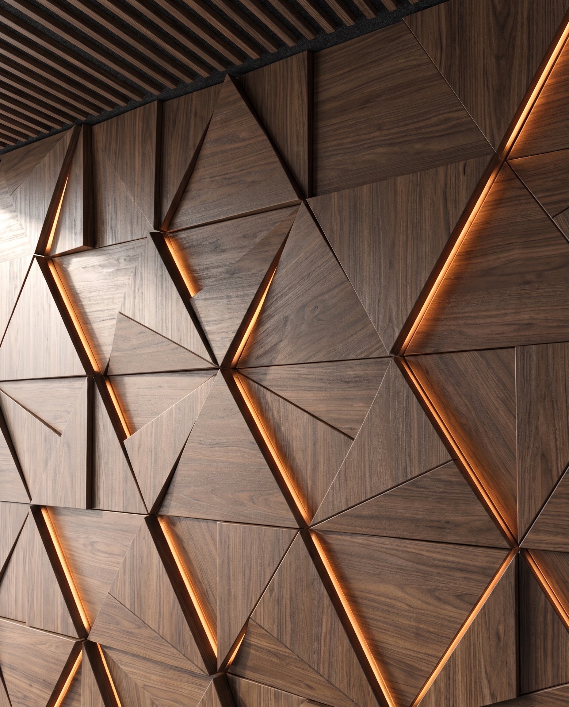 Close construction and material detail of Illuminated Chevron Wood Wall Panels