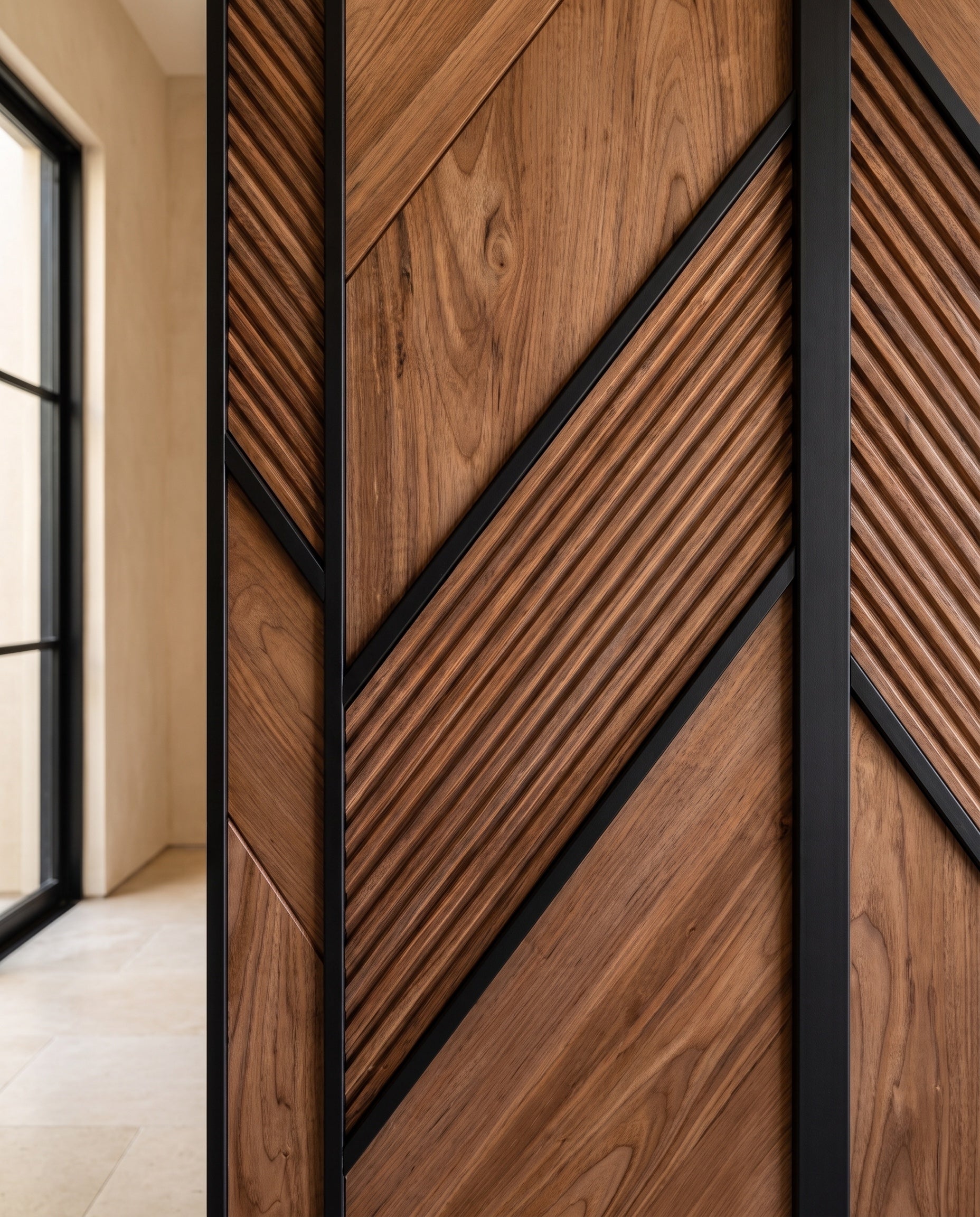 Close construction and material detail of Chevron Panels with Metal Inlay