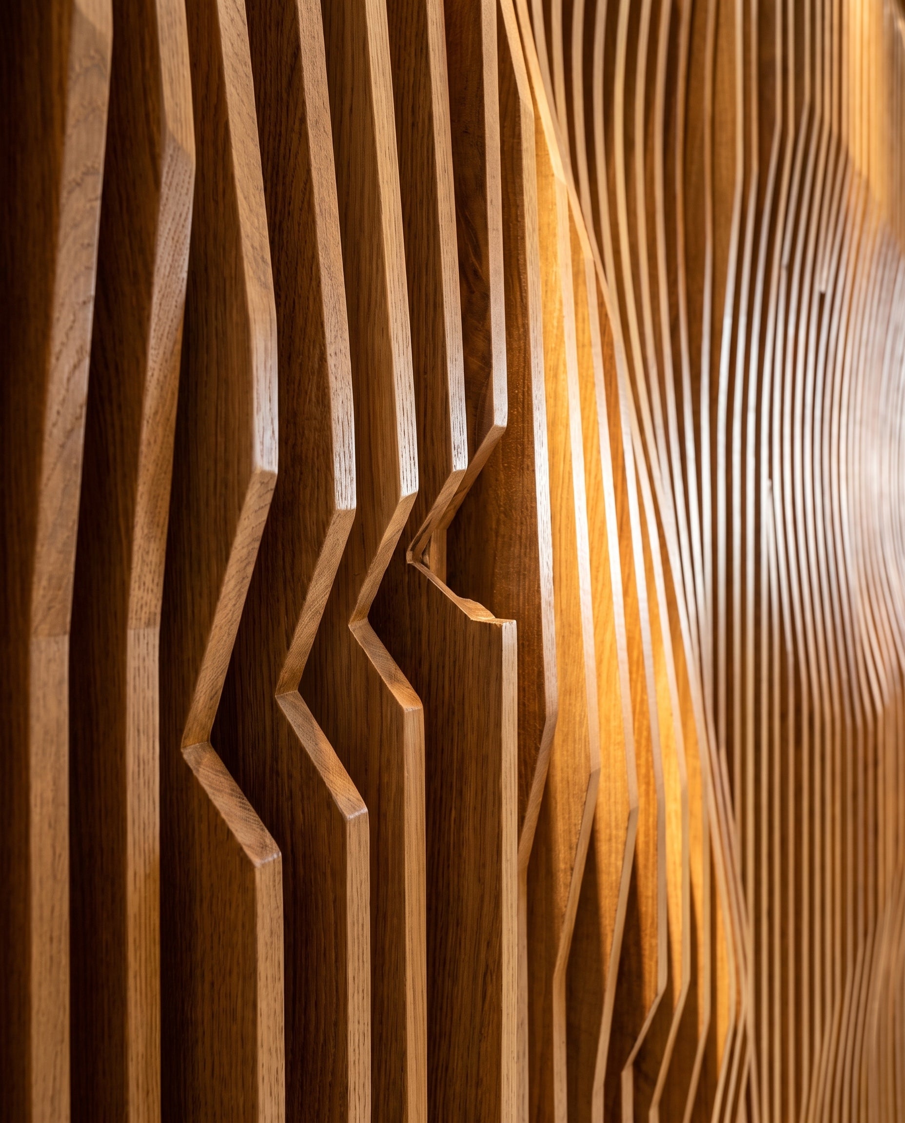 Close construction and material detail of Parametric Sculptural Wood Wall Panels