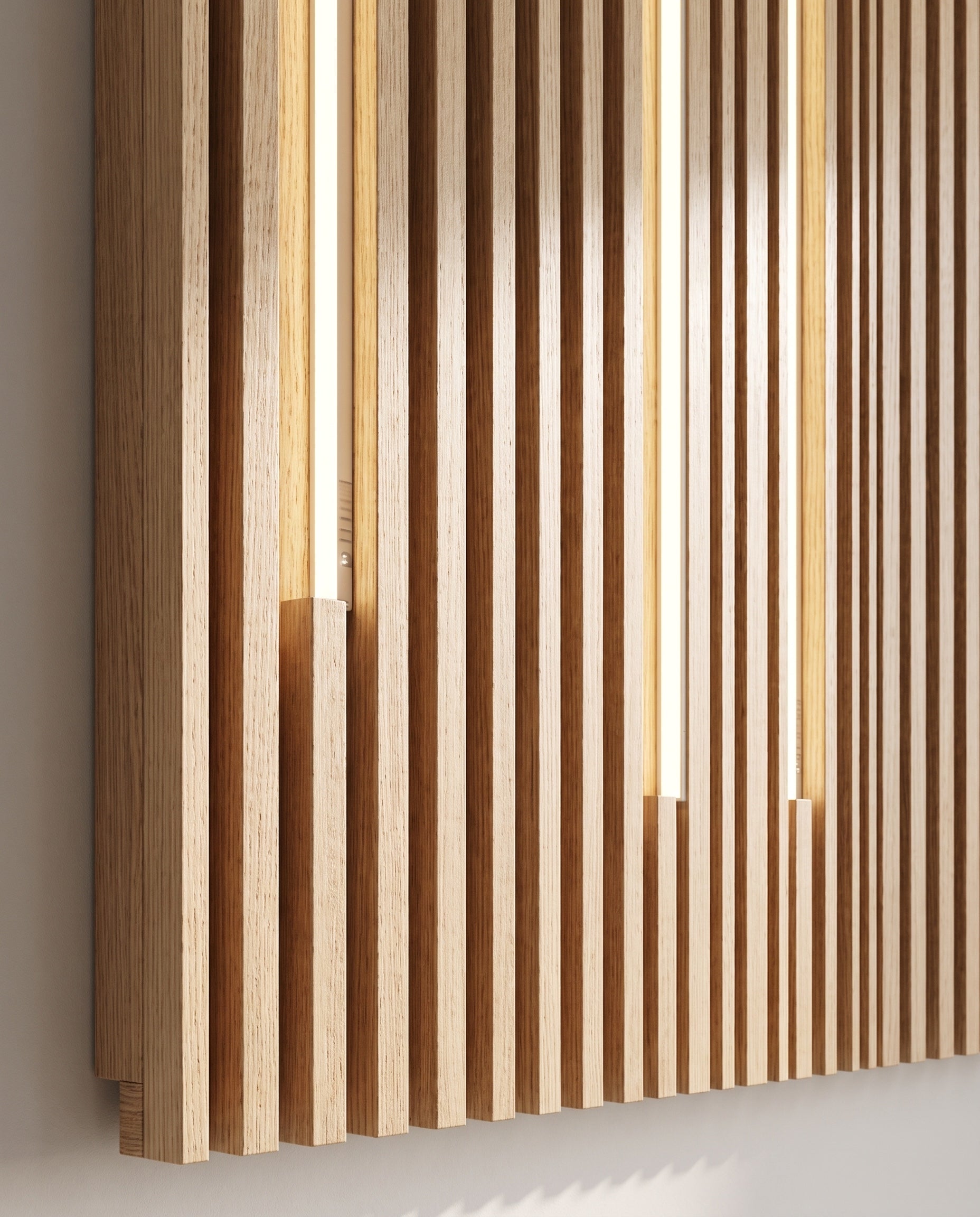 Close construction and material detail of Thin Slat Panels with LED