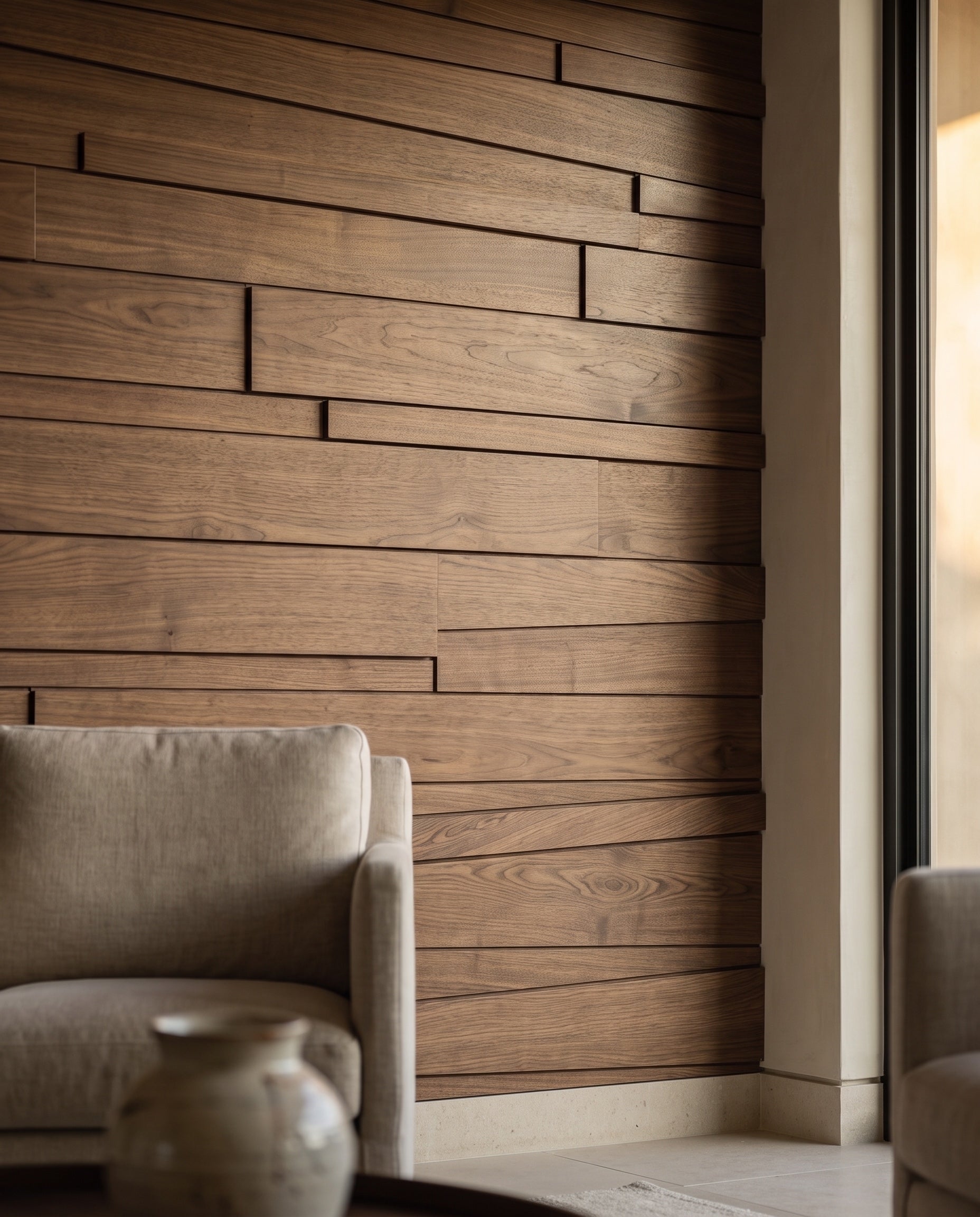 Close construction and material detail of Staggered Wood Plank Wall Panels