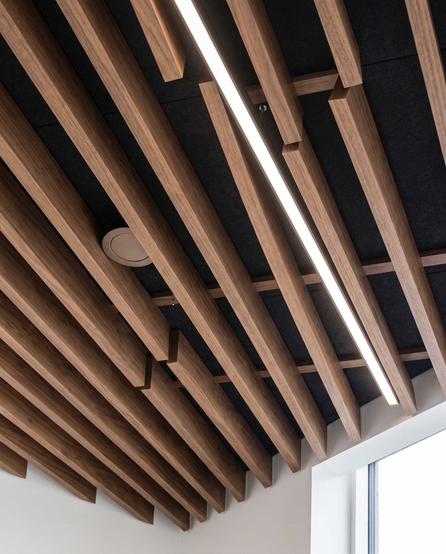 Close construction and material detail of Acoustic Slat Ceiling