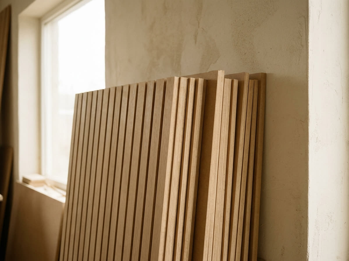 Handcrafted oak slat wall panels stacked and crated for shipping