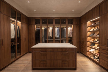 Walnut walk-in closet with glass doors, lit hanging rods, shoe wall and stone-top island