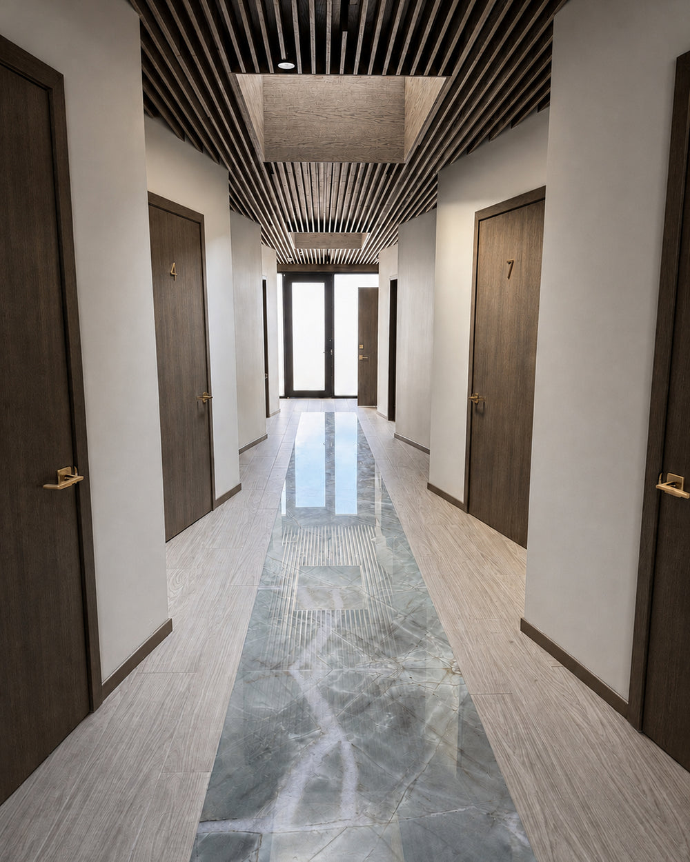 Slat ceiling, panels and lighting for a clinic by Element Decor