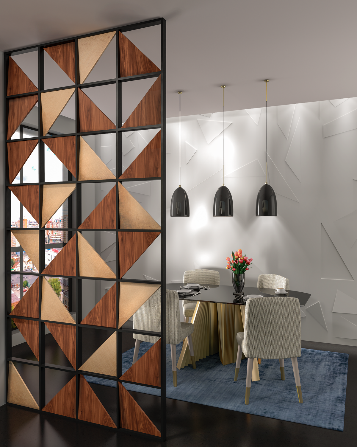 Geometric Wood and Metal Room Divider