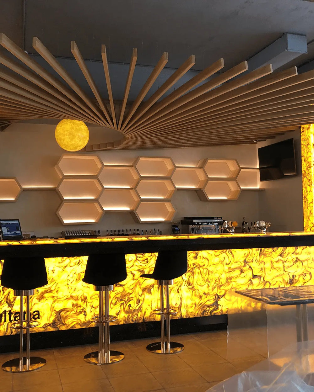 Curved slat feature wall for a restaurant by Element Decor