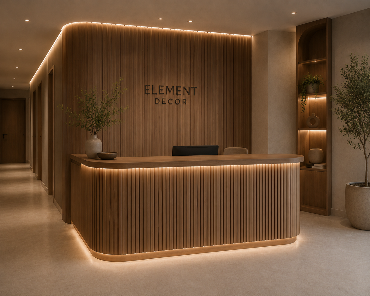 Curved wood desk with a rounded end and concealed light