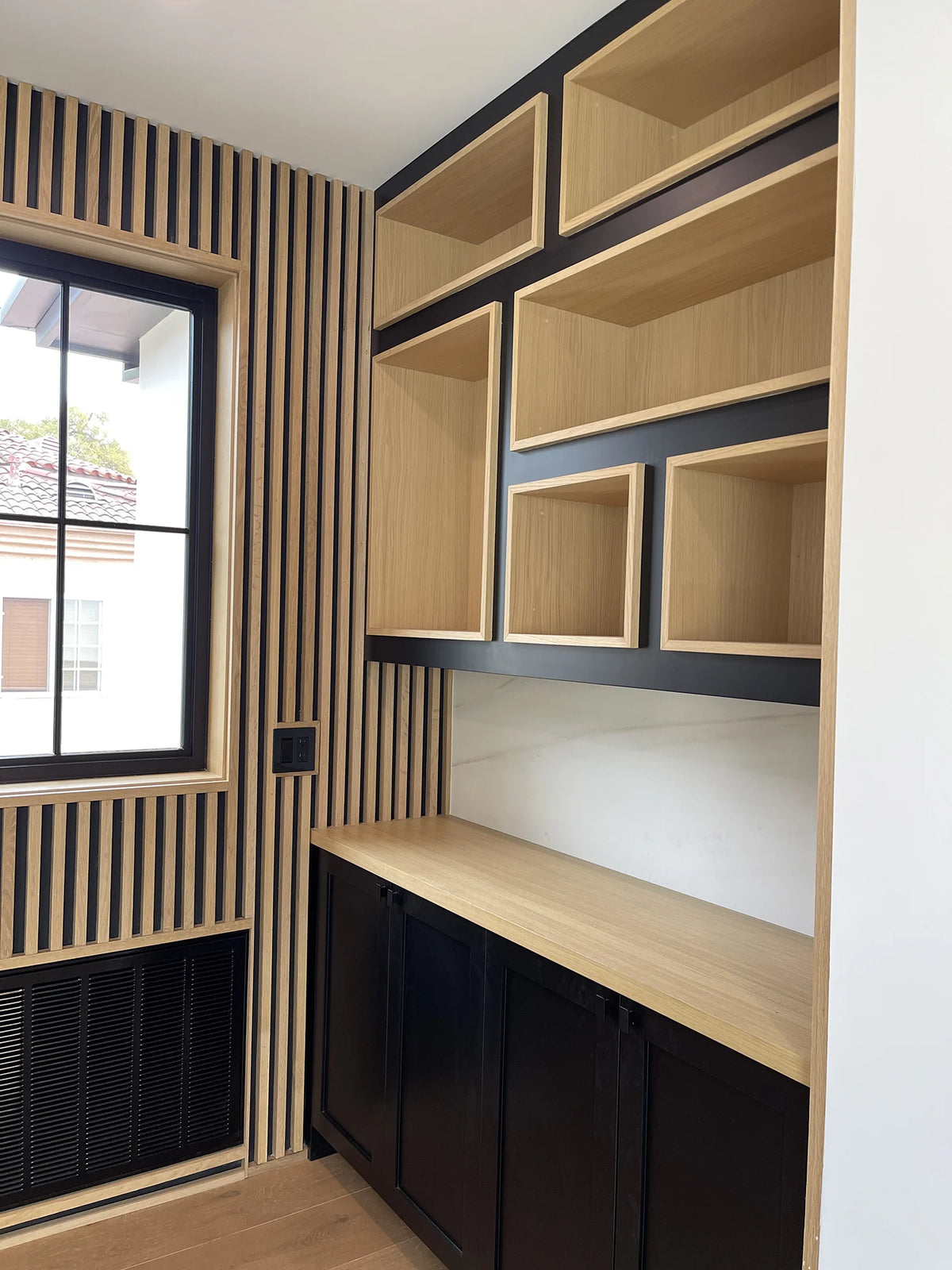 Oak and Walnut Slat Panels for a Home