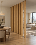 Oval slat room divider in white oak arranged in a gentle curve between dining and living areas