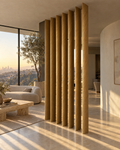 Pivoting oval slat room divider in natural white oak, slats opened, living room