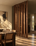 Oval slat room divider in American walnut, slats opened, dining room