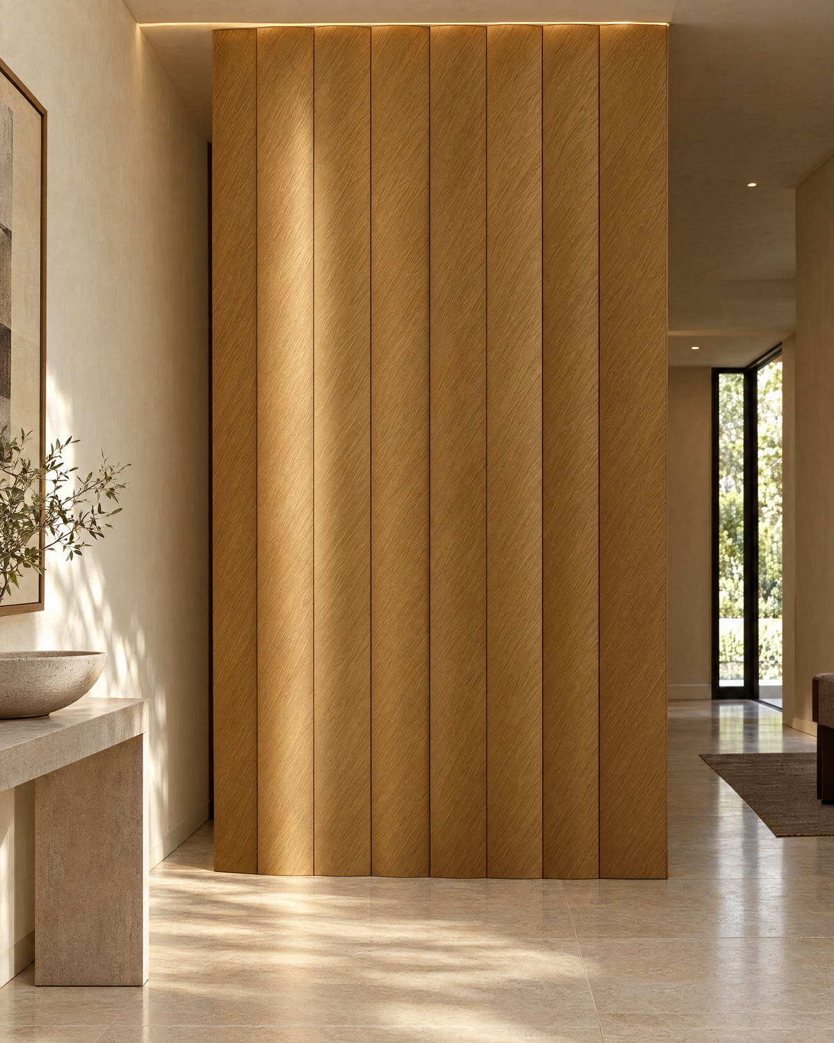 Oval slat room divider in natural white oak, slats closed into a solid wall
