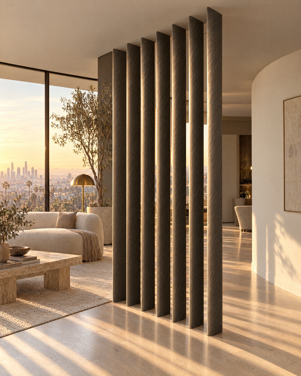 Oval slat room divider in dark grey stained oak, slats opened, living room at golden hour