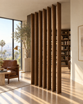 Oval slat room divider in white oak with walnut tone stain, slats opened, study