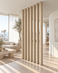 Oval slat room divider in limed white oak, slats opened, bright living room