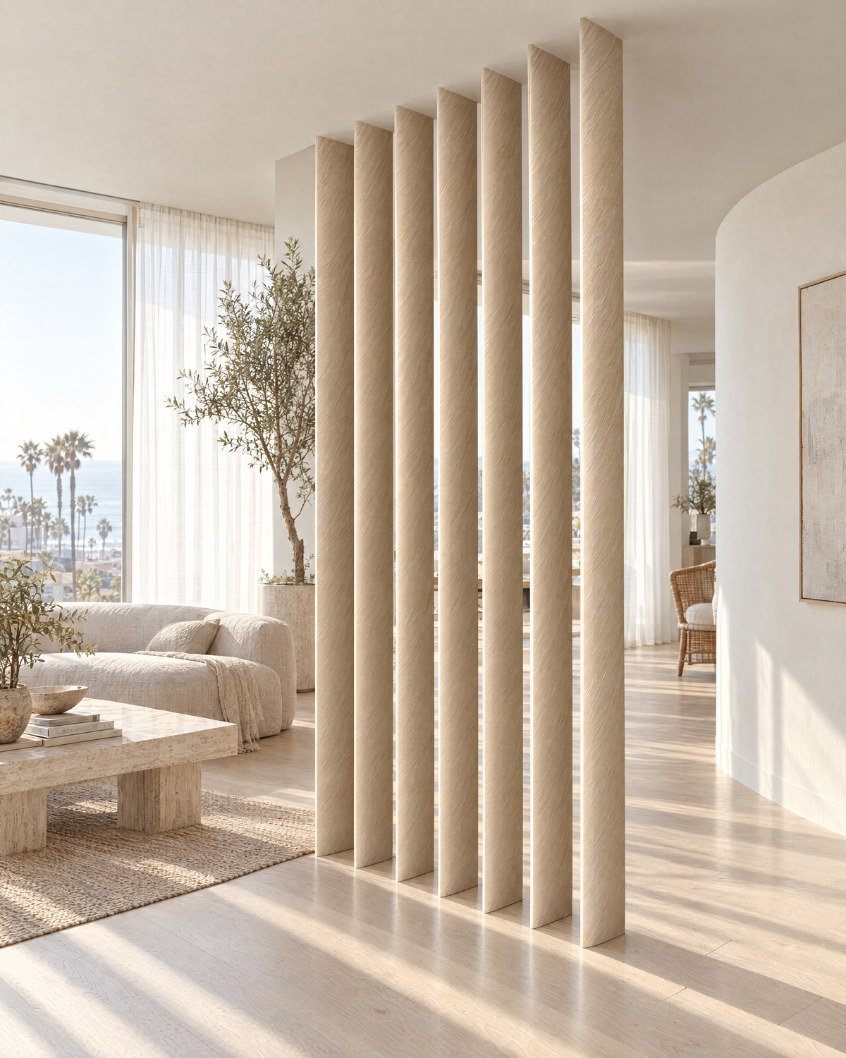 Oval slat room divider in limed white oak, slats opened, bright living room