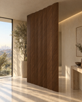 Oval slat room divider in American walnut, slats closed into a solid wall