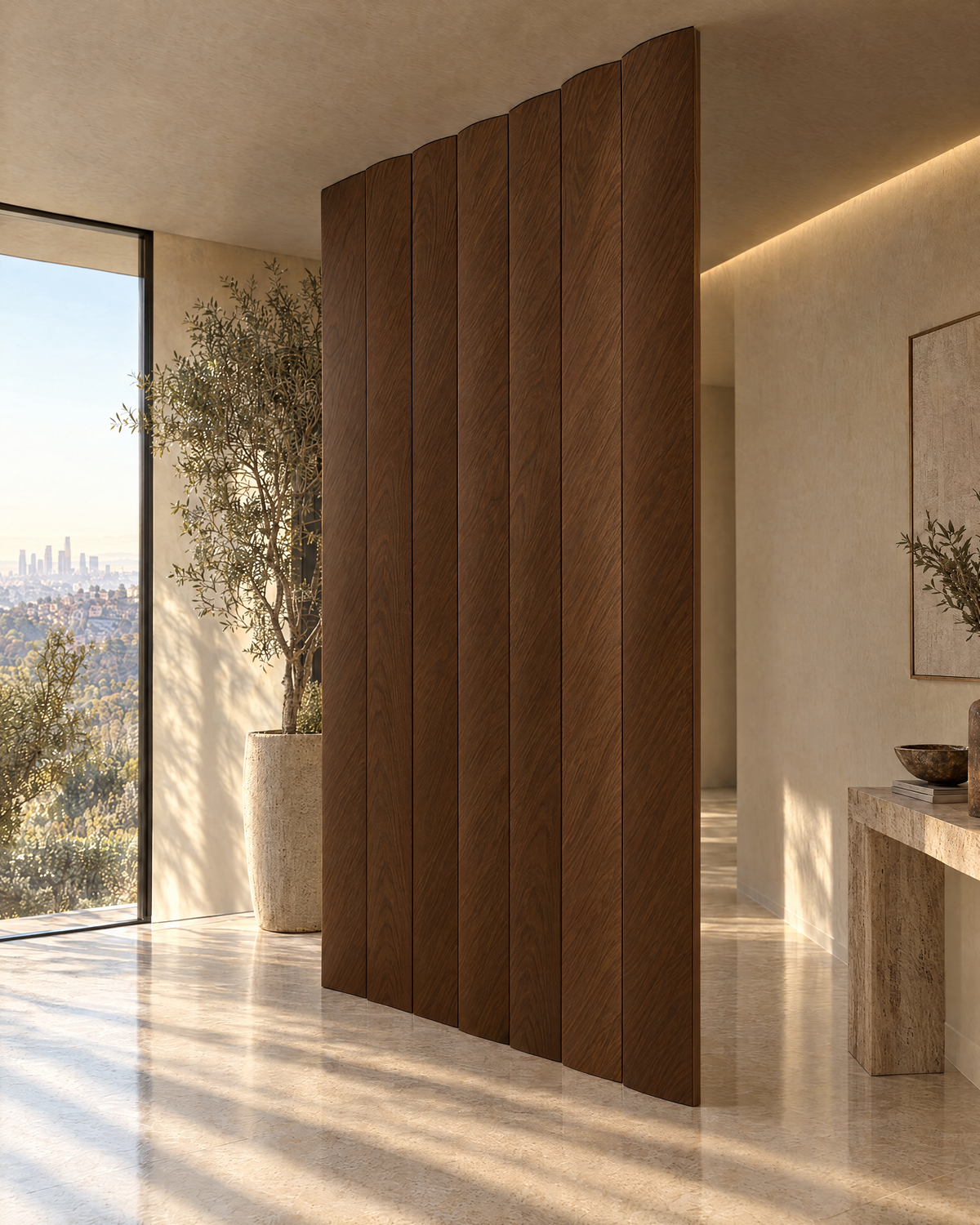 Oval slat room divider in white oak with walnut tone stain, slats closed into a solid wall