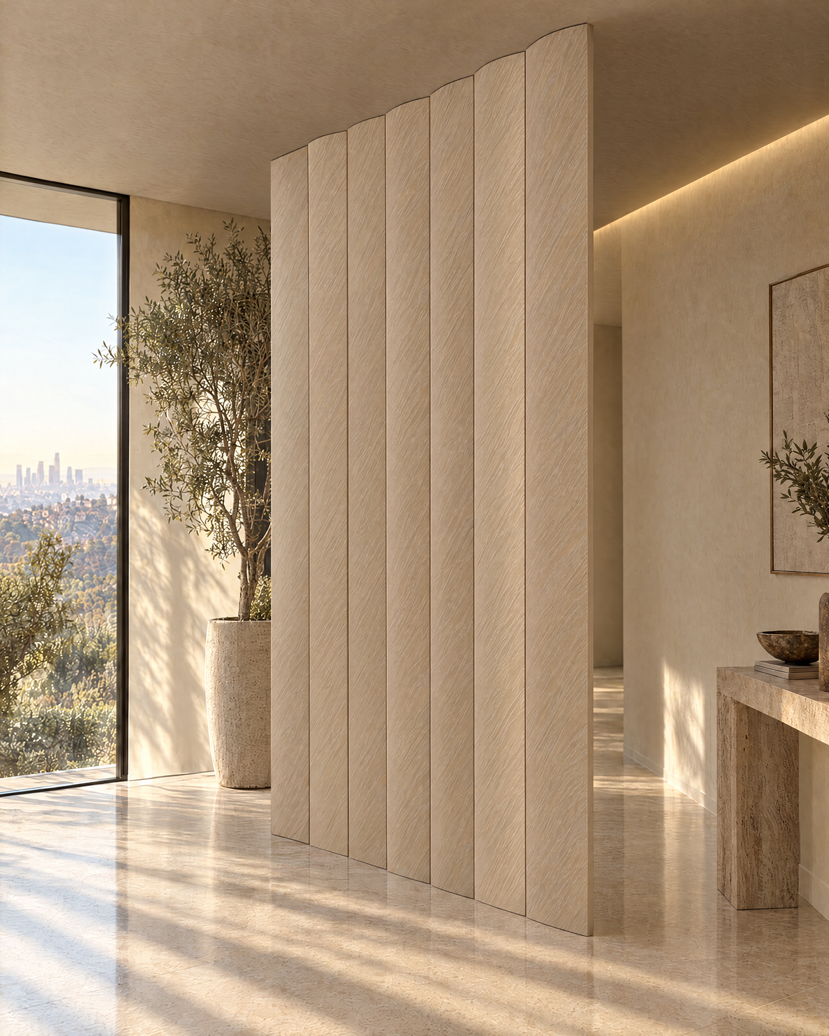 Oval slat room divider in limed white oak, slats closed into a solid wall