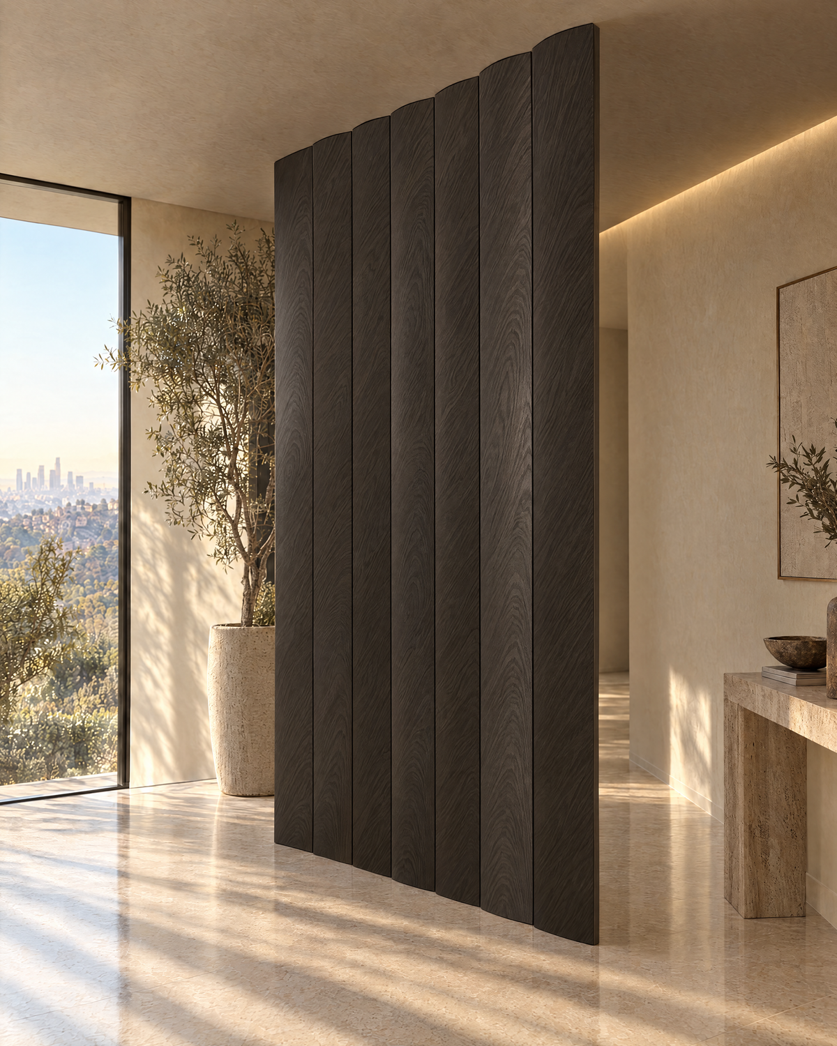 Oval slat room divider in dark grey stained oak, slats closed into a solid wall