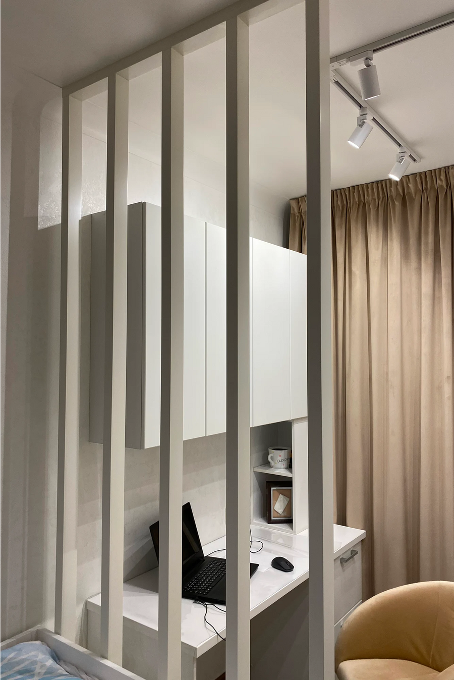 Partition, Slat Ceiling and Wall Panels in an Apartment