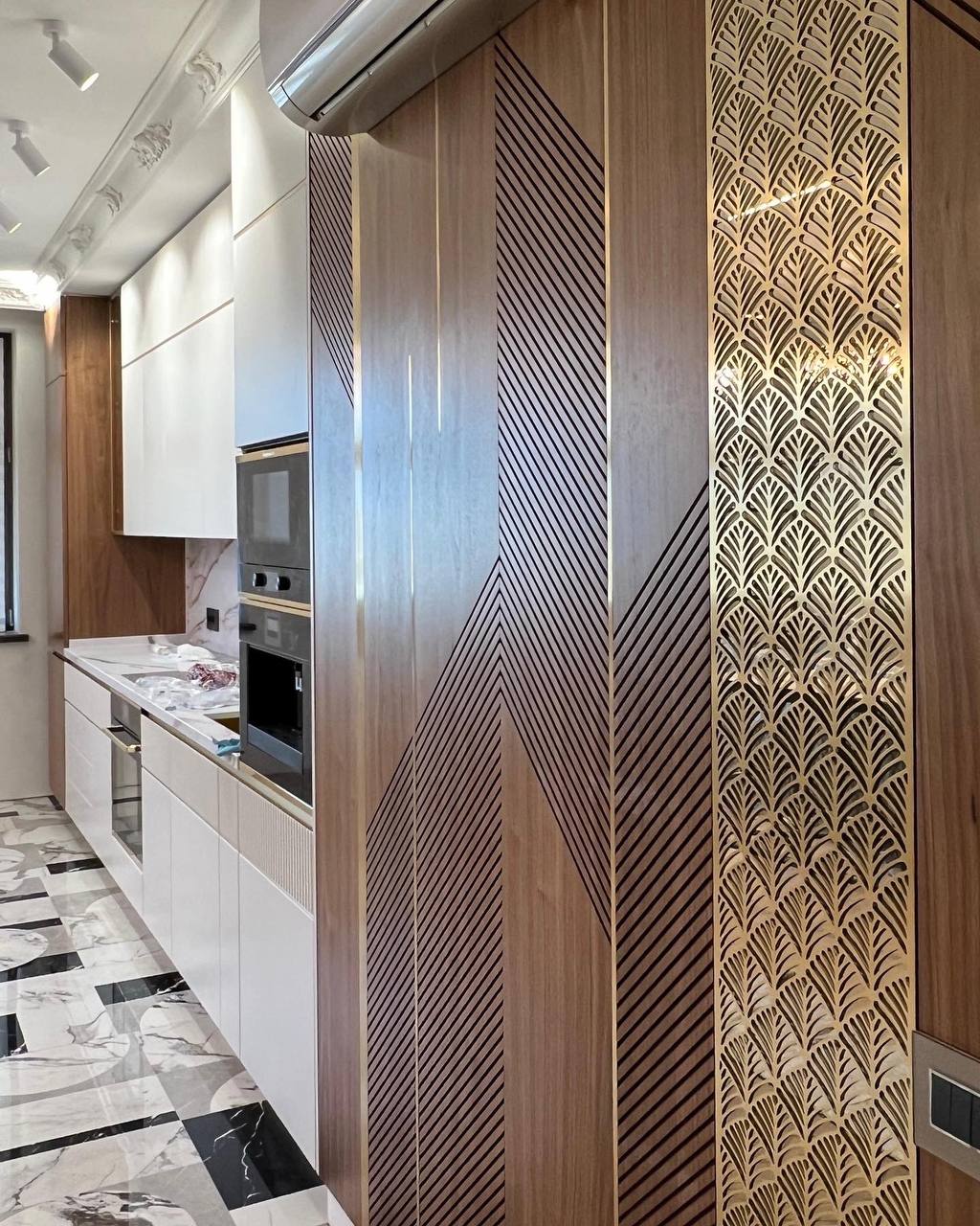 Walnut Wall Panels with Brass Detailing