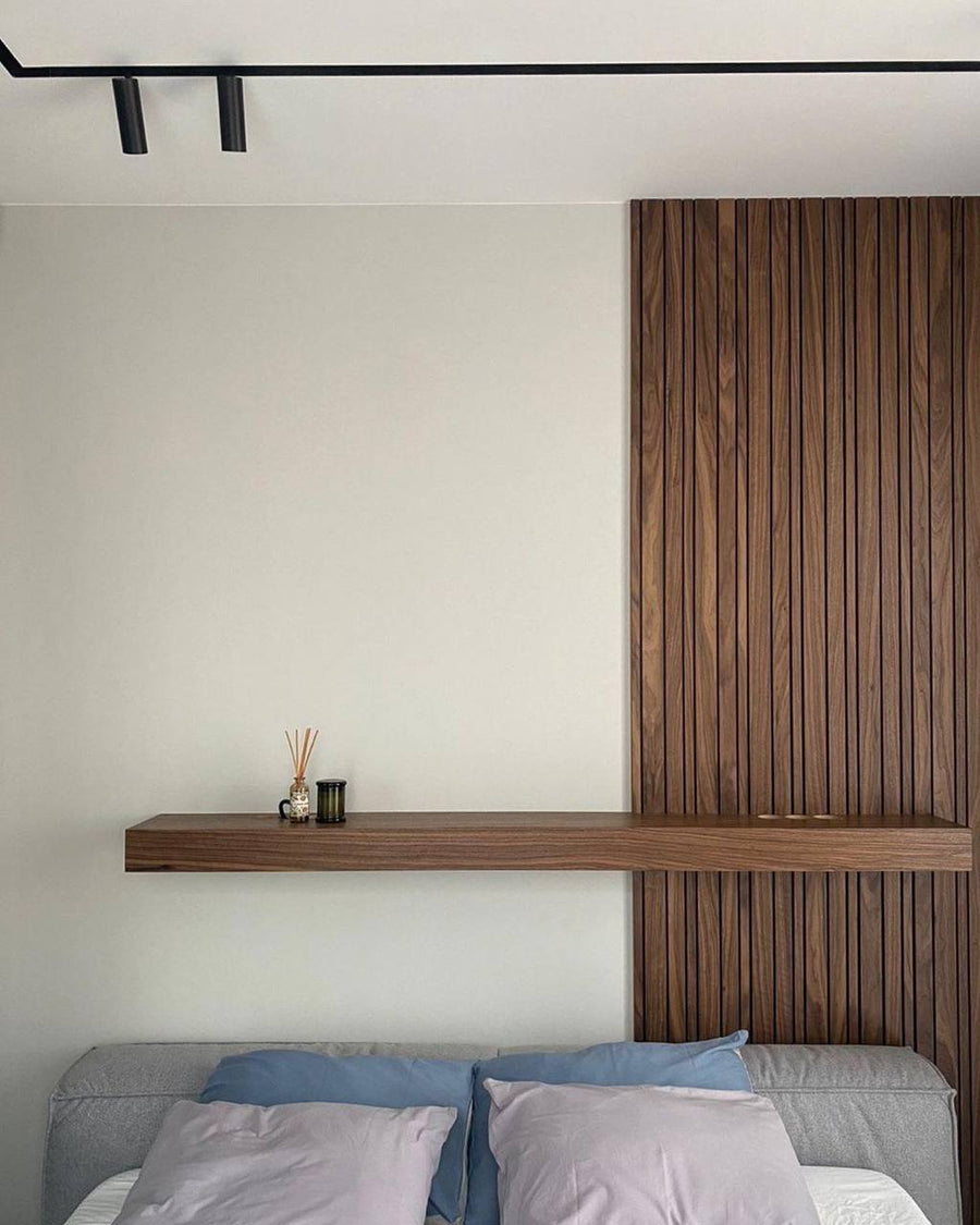 Walnut Slat Wall with Floating Shelf