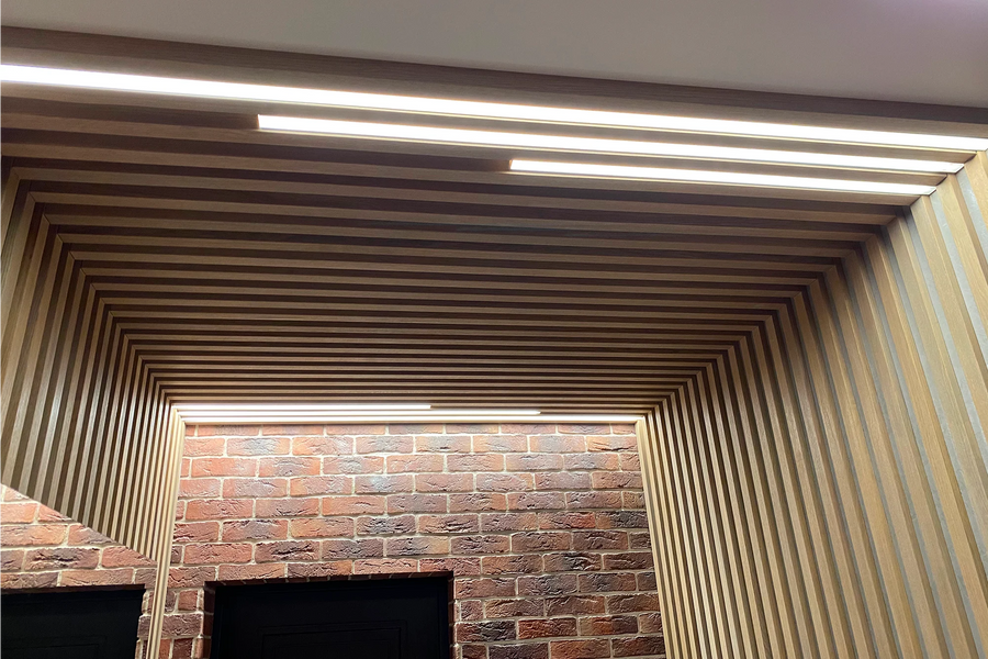 Partition, Slat Ceiling and Wall Panels in an Apartment