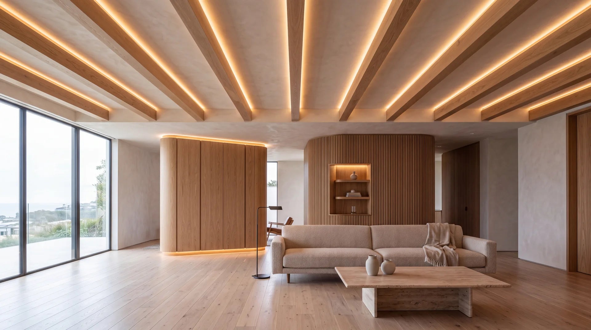 Large contemporary interior with curved white oak volume, radius slat wall and integrated lighting