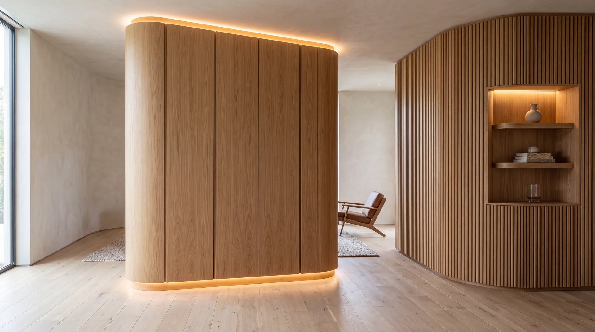 White oak radius cabinet and curved slatted wall with concealed warm lighting