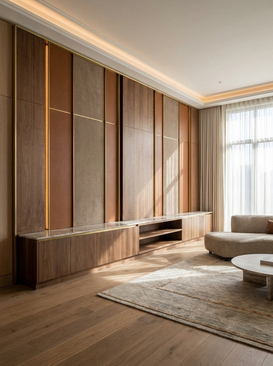 Walnut custom panel wall with cognac leather, brushed brass and integrated vertical light above a media console