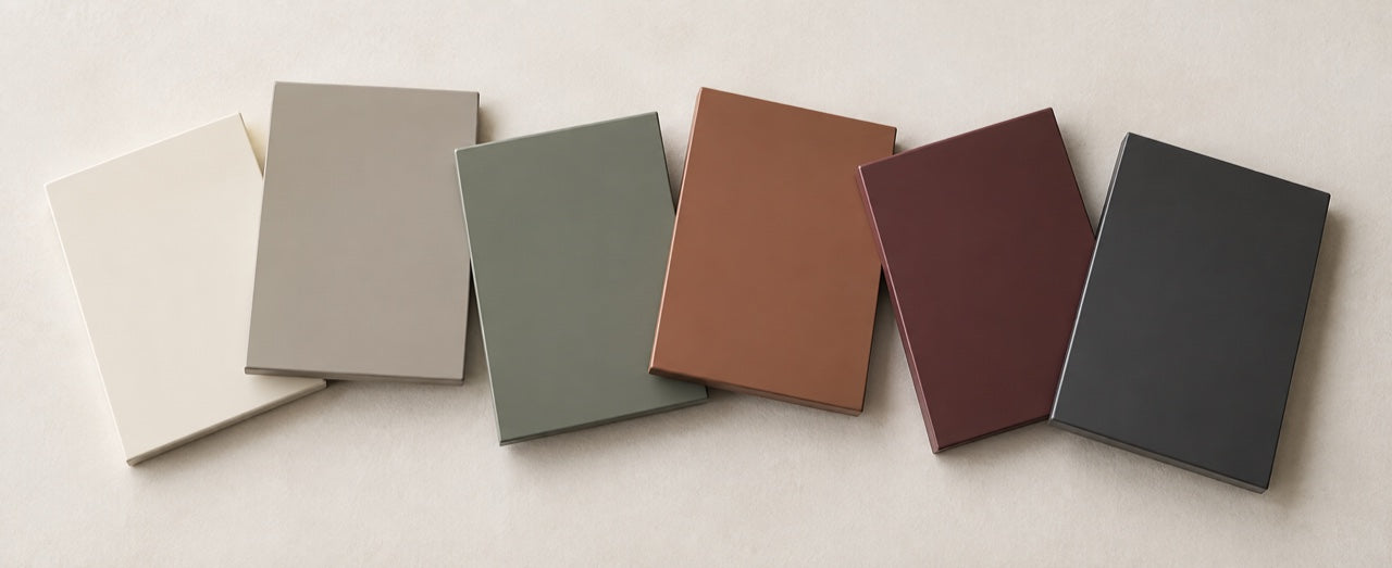 Photorealistic smooth enamel finish study in ivory, greige, sage, terracotta, burgundy and charcoal