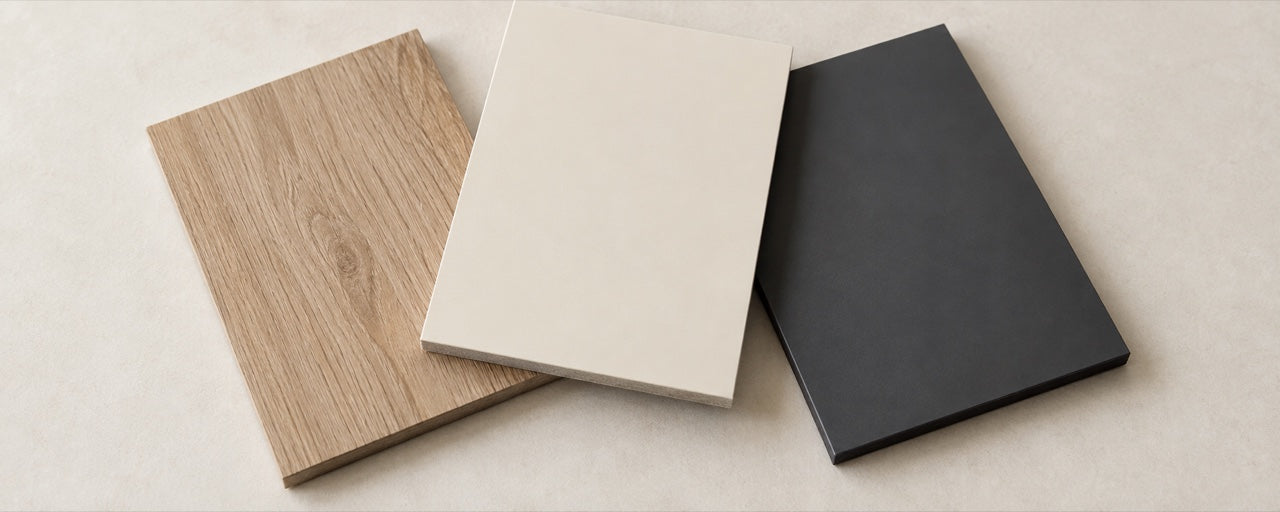 Photorealistic laminate and HPL finish study in woodgrain, ivory and charcoal