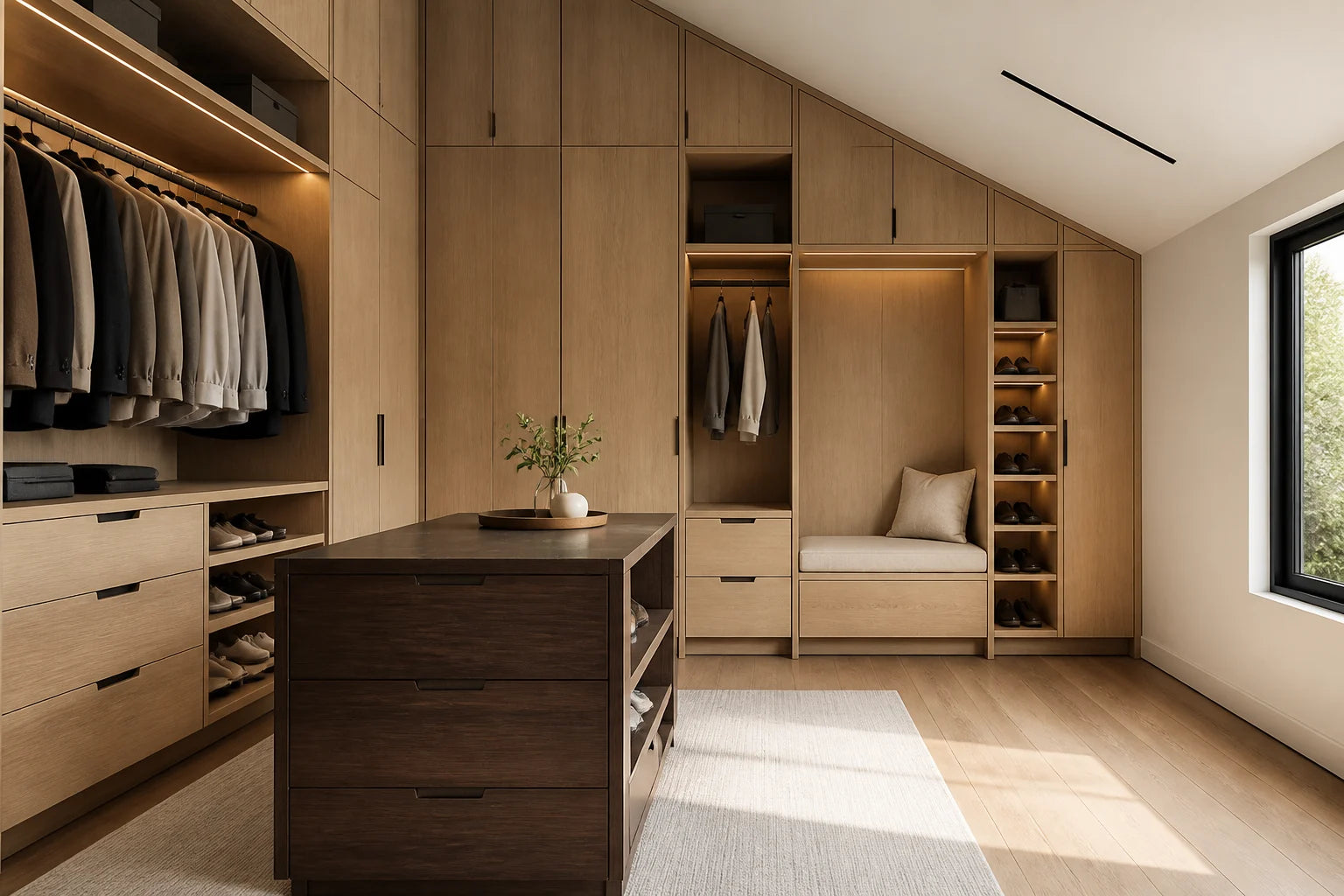 Custom white oak walk-in wardrobe fitted to a sloped ceiling