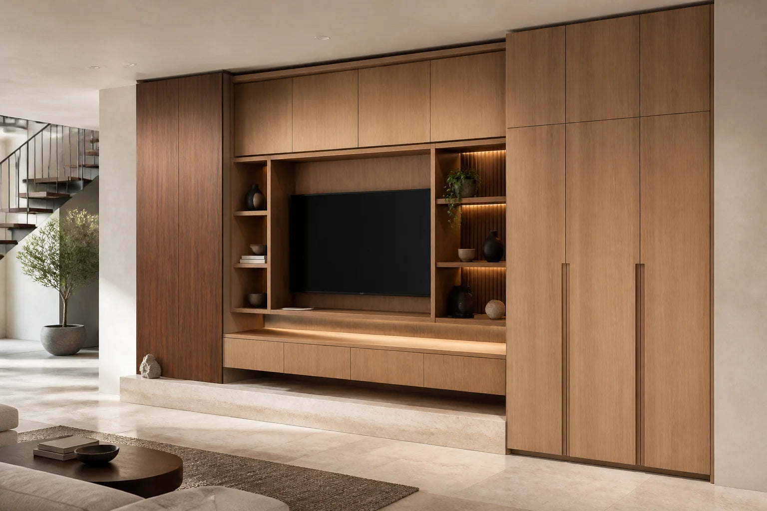 Custom walnut and white oak media wall with concealed storage