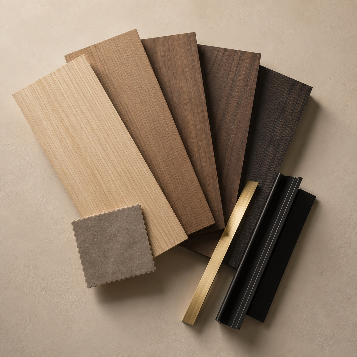 Custom veneer finish matching study with white oak, smoked oak, walnut, dark stain, Alcantara, brass and black profiles